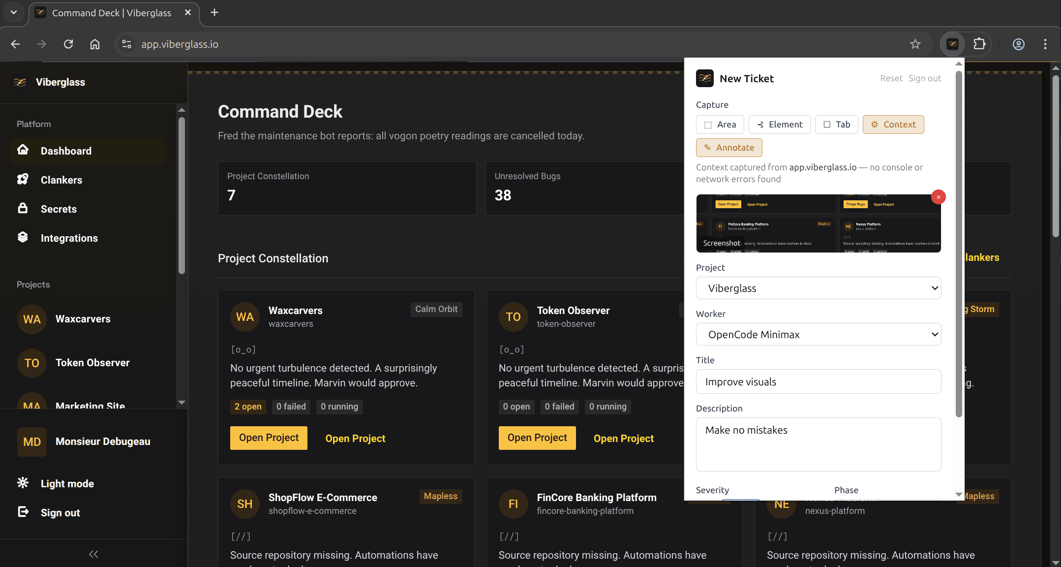Viberglass main dashboard visible on browser which is showing the Chrome extension