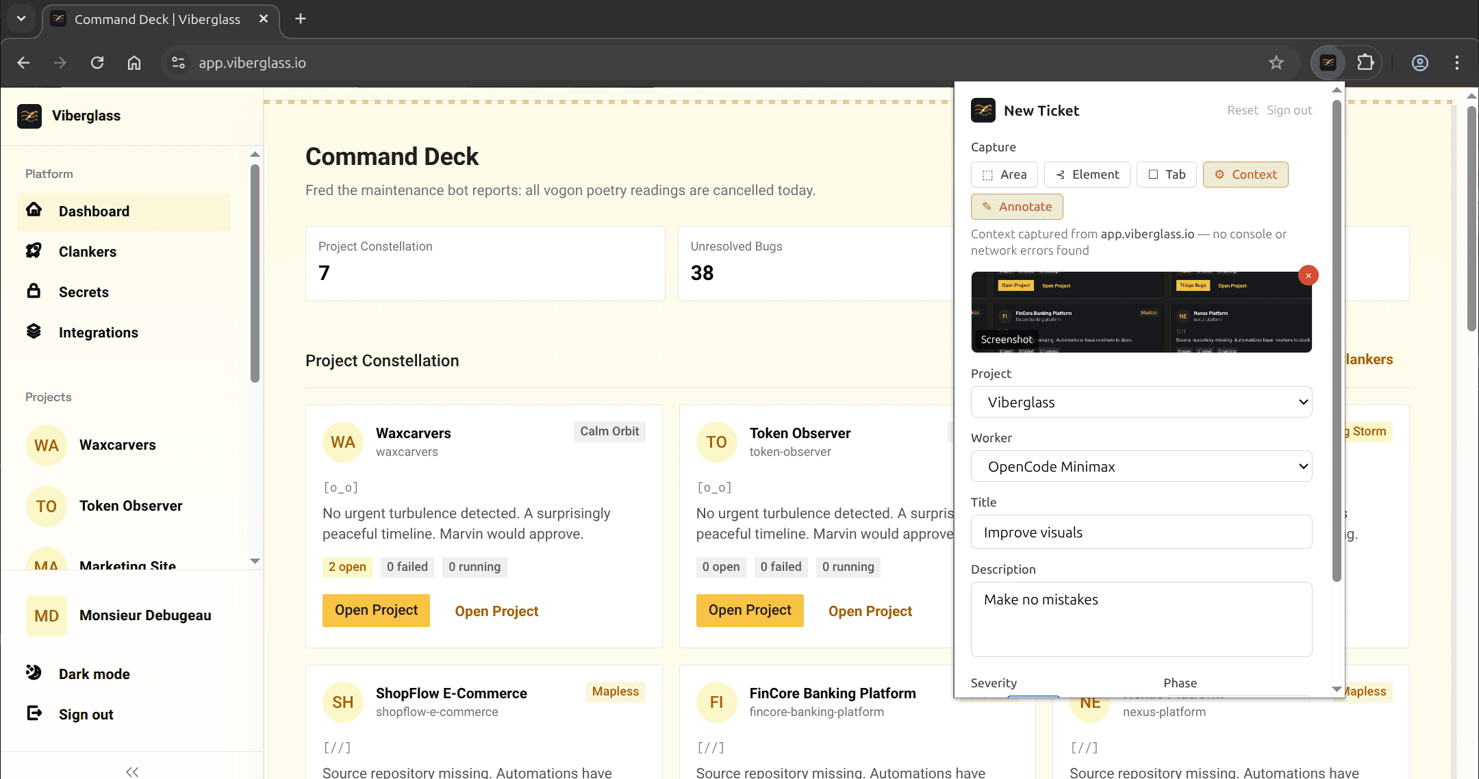 Viberglass main dashboard visible on browser which is showing the Chrome extension