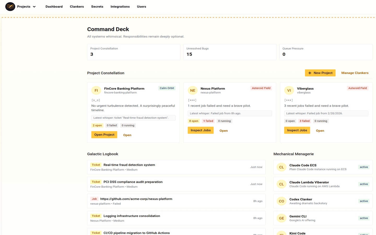 Viberglass dashboard showing recent tickets, jobs, and active clankers