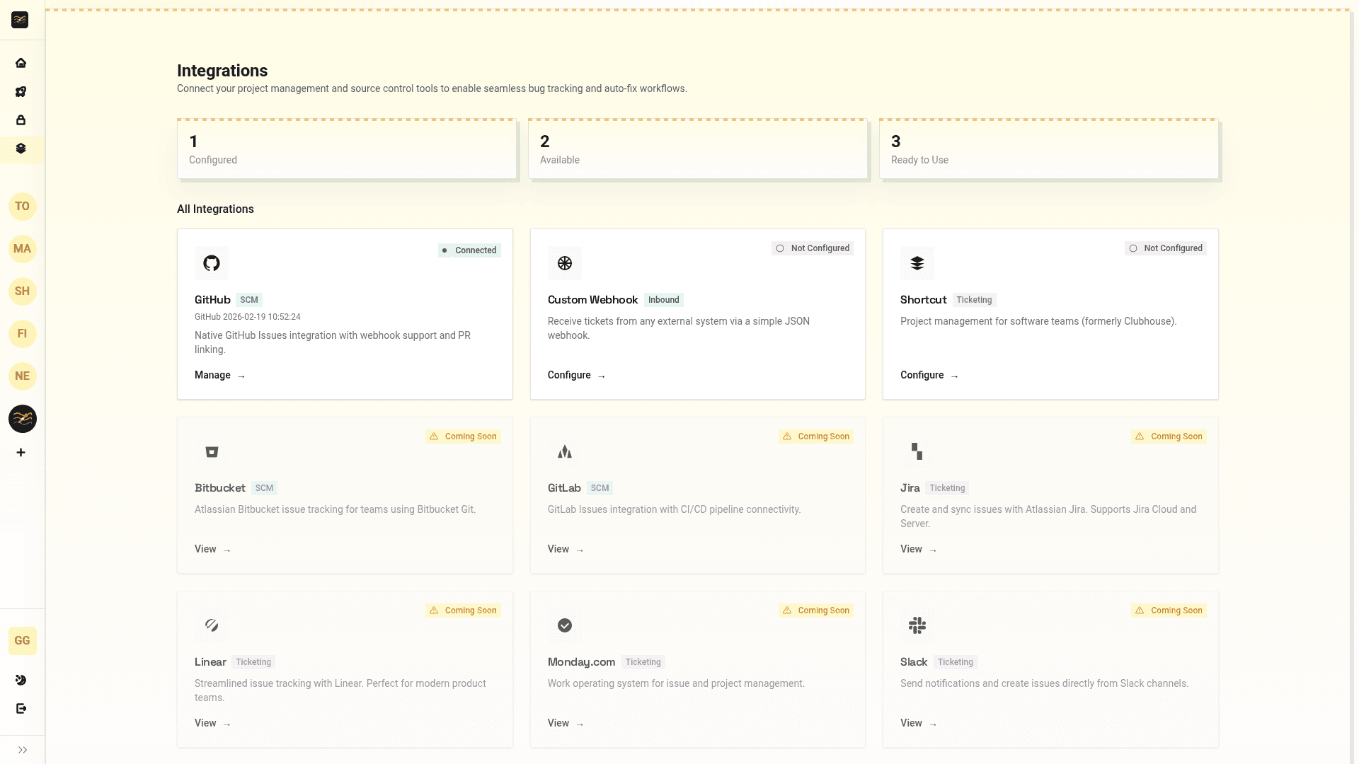 Integrations settings showing GitHub, Shortcut, Jira, ClickUp, GitLab and more