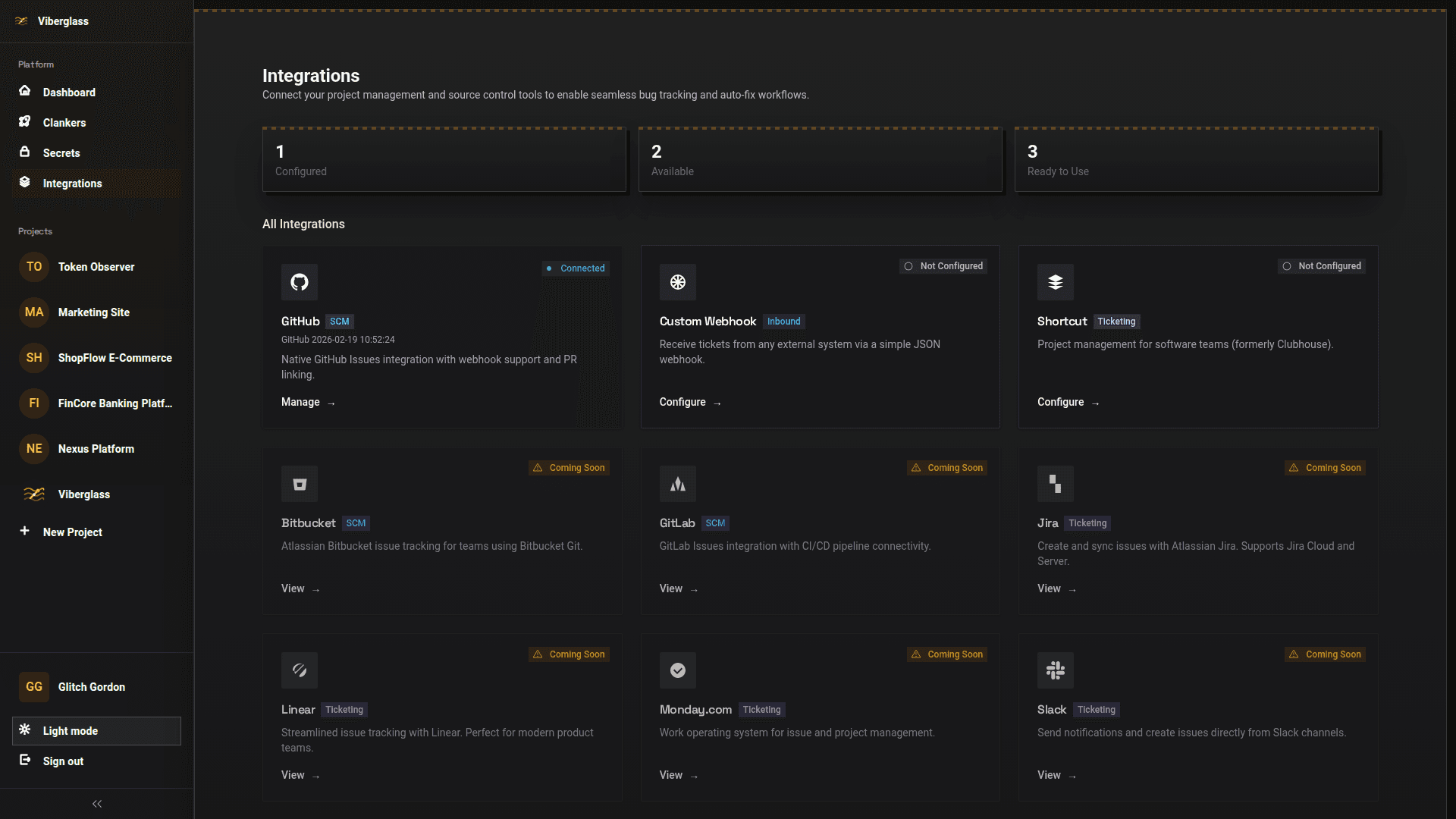 Integrations settings showing GitHub, Shortcut, Jira, ClickUp, GitLab and more