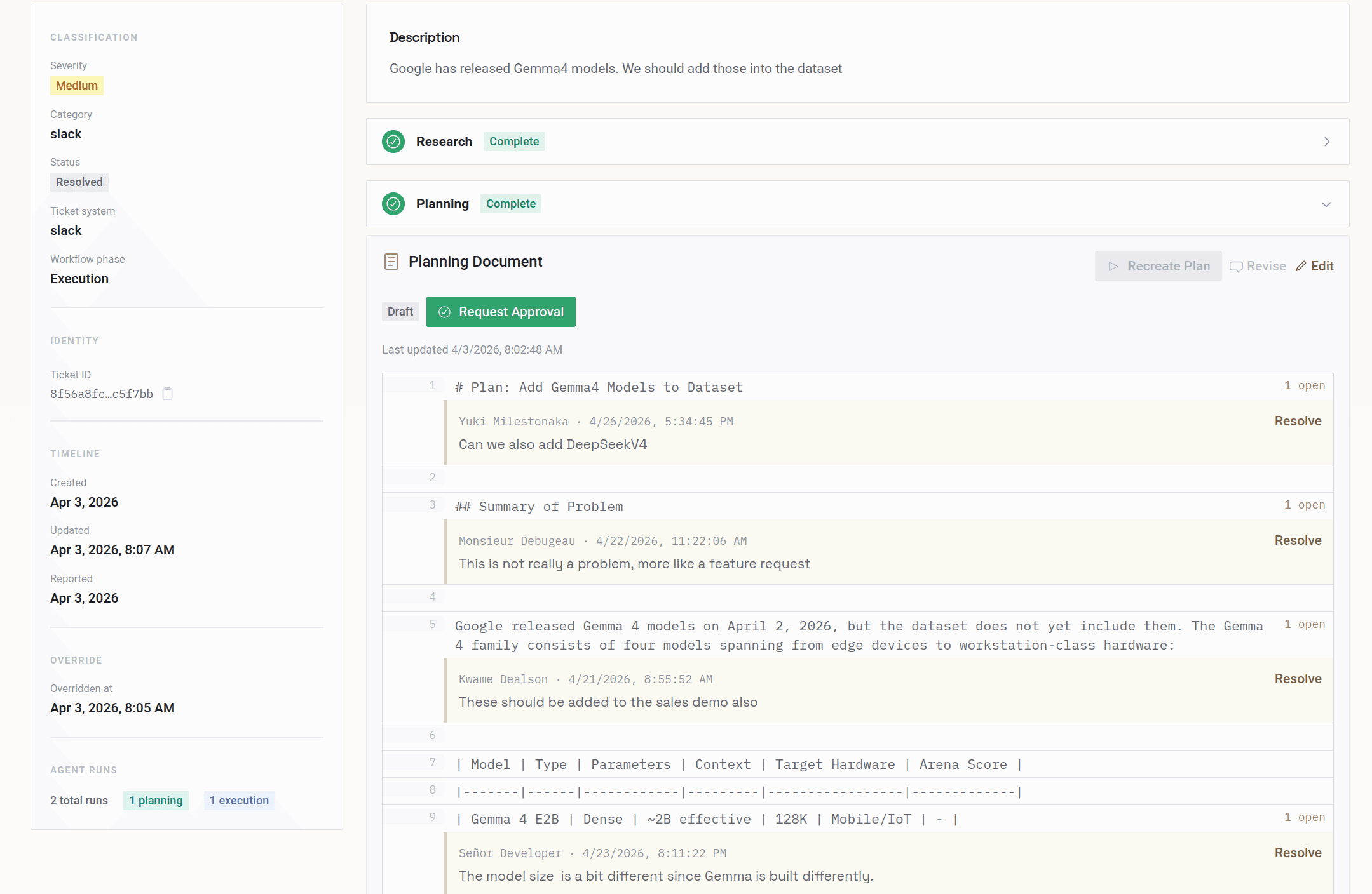 An individual review of a plan document in the platform.