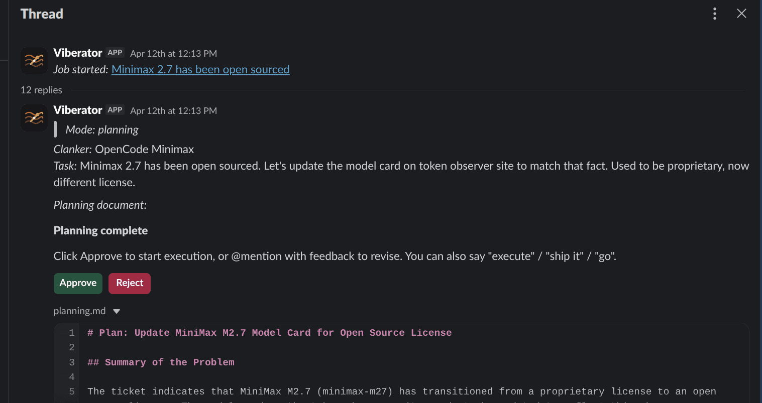 Slack thread showing a completed planning run and plan document.