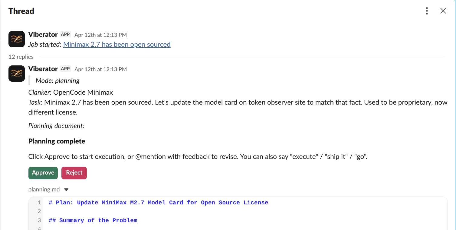 Slack thread showing a completed planning run and plan document.
