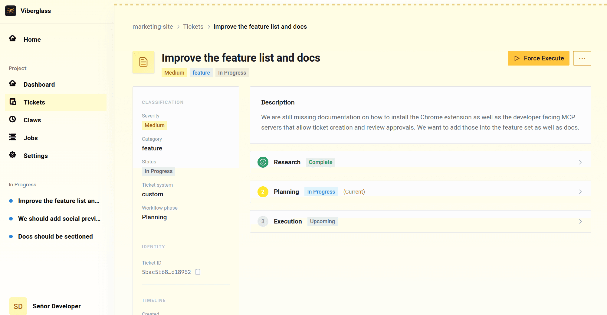 Ticket detail page showing agent progress, plan, and pull request status