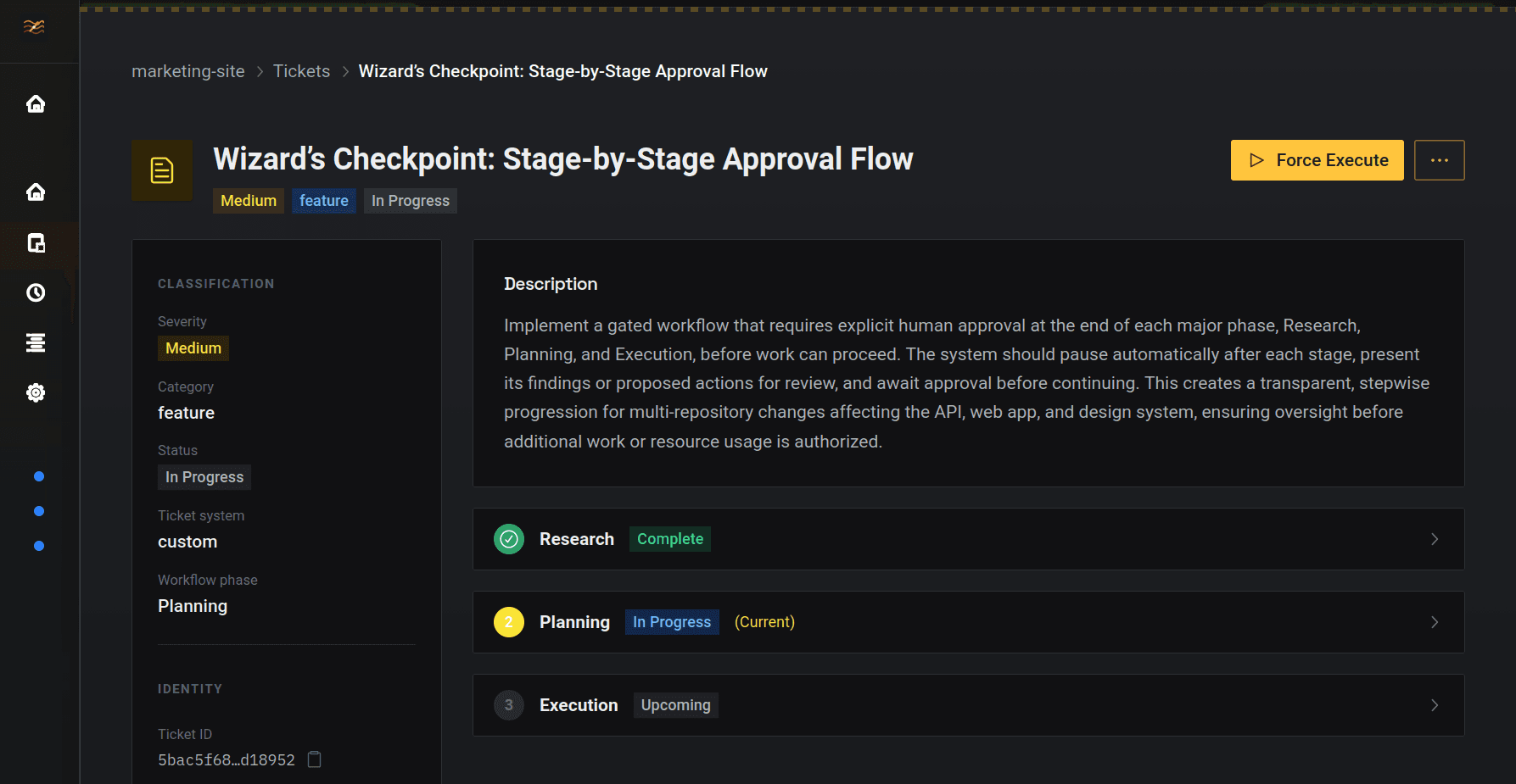 Ticket detail page showing agent progress, plan, and pull request status
